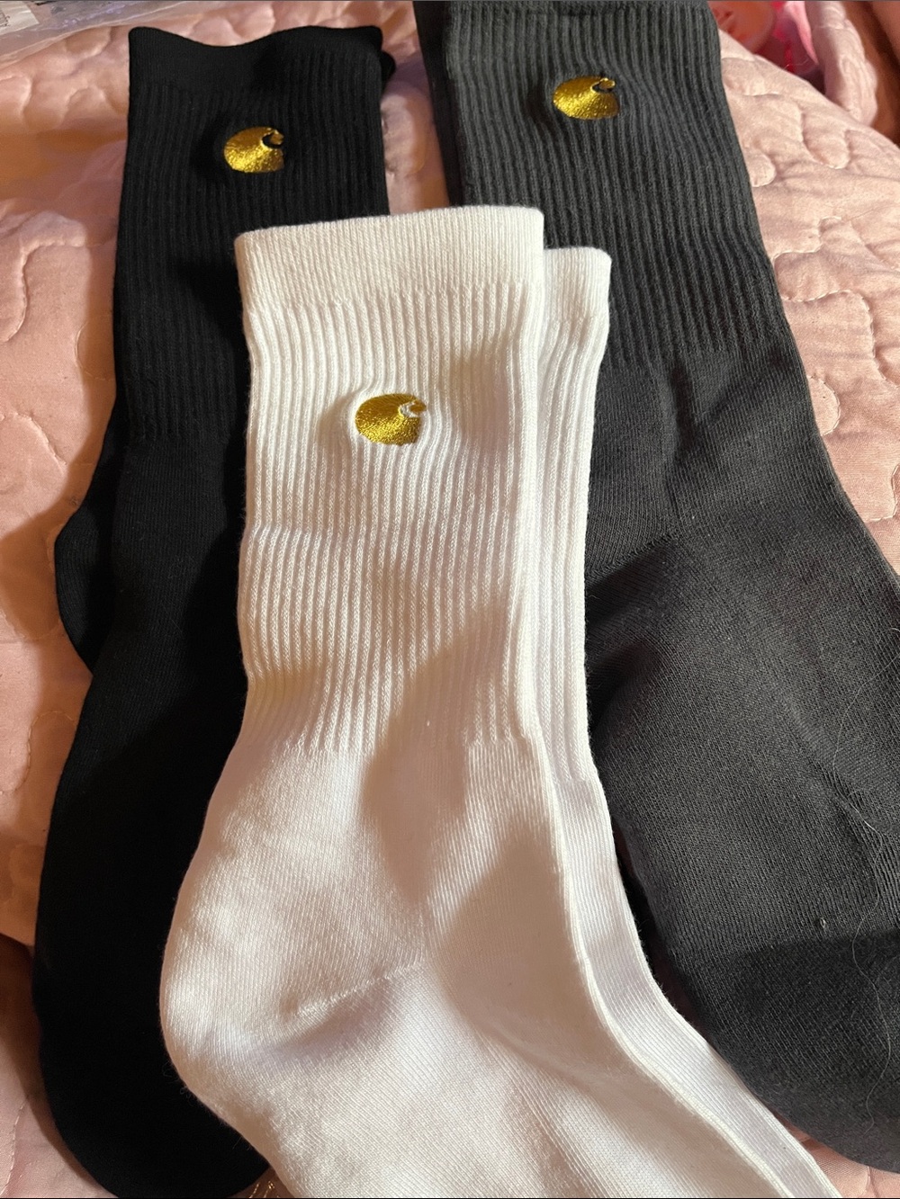 Carhartt Ribbed Crew Socks in Black, White, and Gray with Gold Logo (Pack of 3)